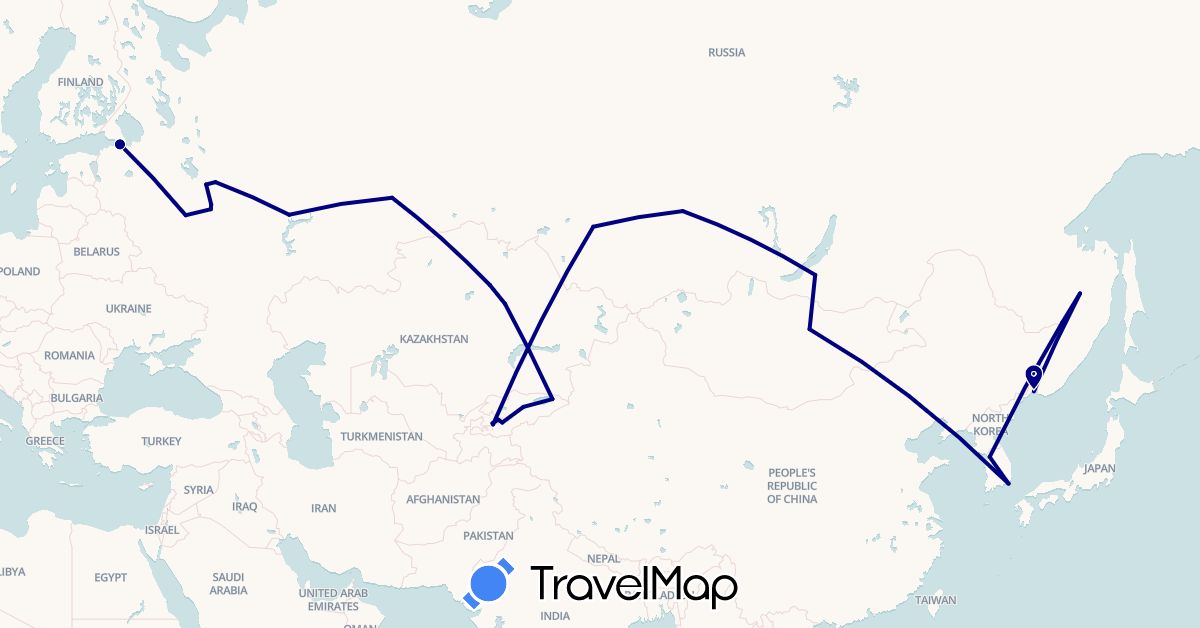 TravelMap itinerary: driving in Kyrgyzstan, South Korea, Kazakhstan, Mongolia, Russia, Uzbekistan (Asia, Europe)